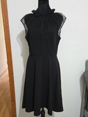 Elegant Black Ruffle Neck Fit-and-Flare Dress